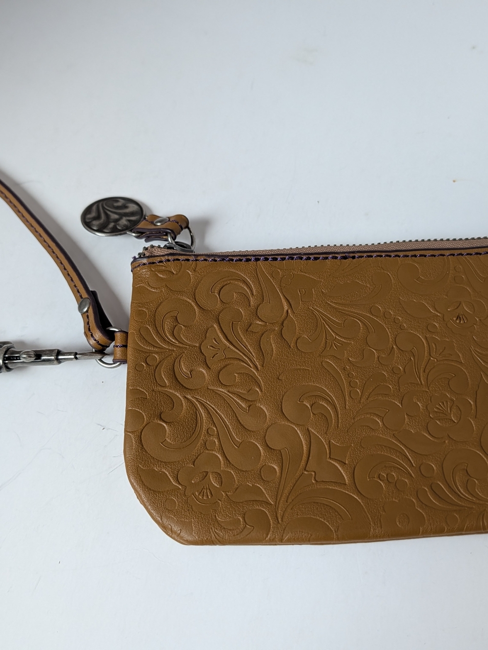 Jim Shore Leather Brown Wristlet Embossed Tan Leather Clutch